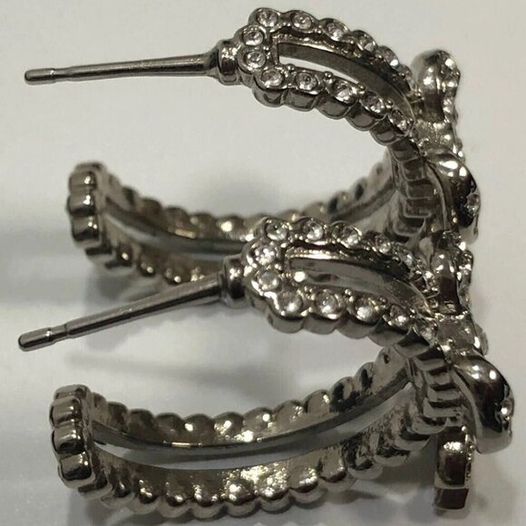 CHANEL CC Logos Rhinestone Ribbon Hoop Stud Earrings Silver Tone A22B Auth - Picture 1 of 8